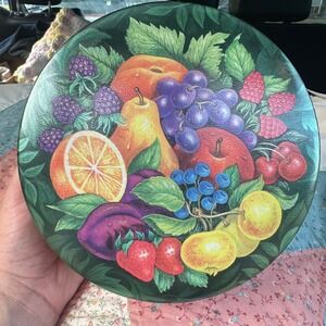 Vintage Fruit Harvest Round Metal Tin Decorative Cookie Canister Green Storage